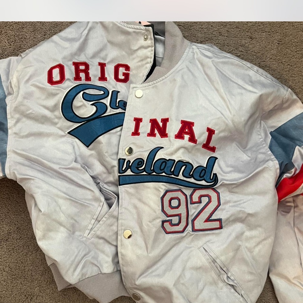 PrettyLittleThing Gray Varsity Jacket with Red and Blue Accents